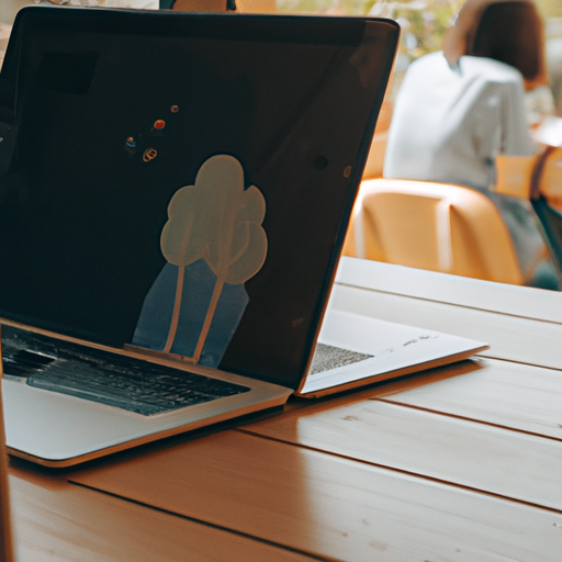 A casual photo of a laptop in a coffee shop table with creative work on the screen