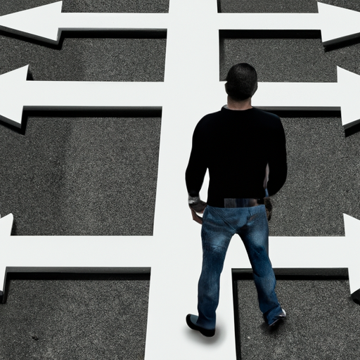 A person standing at a crossroads signposted with space black and silver pointing in opposite directions