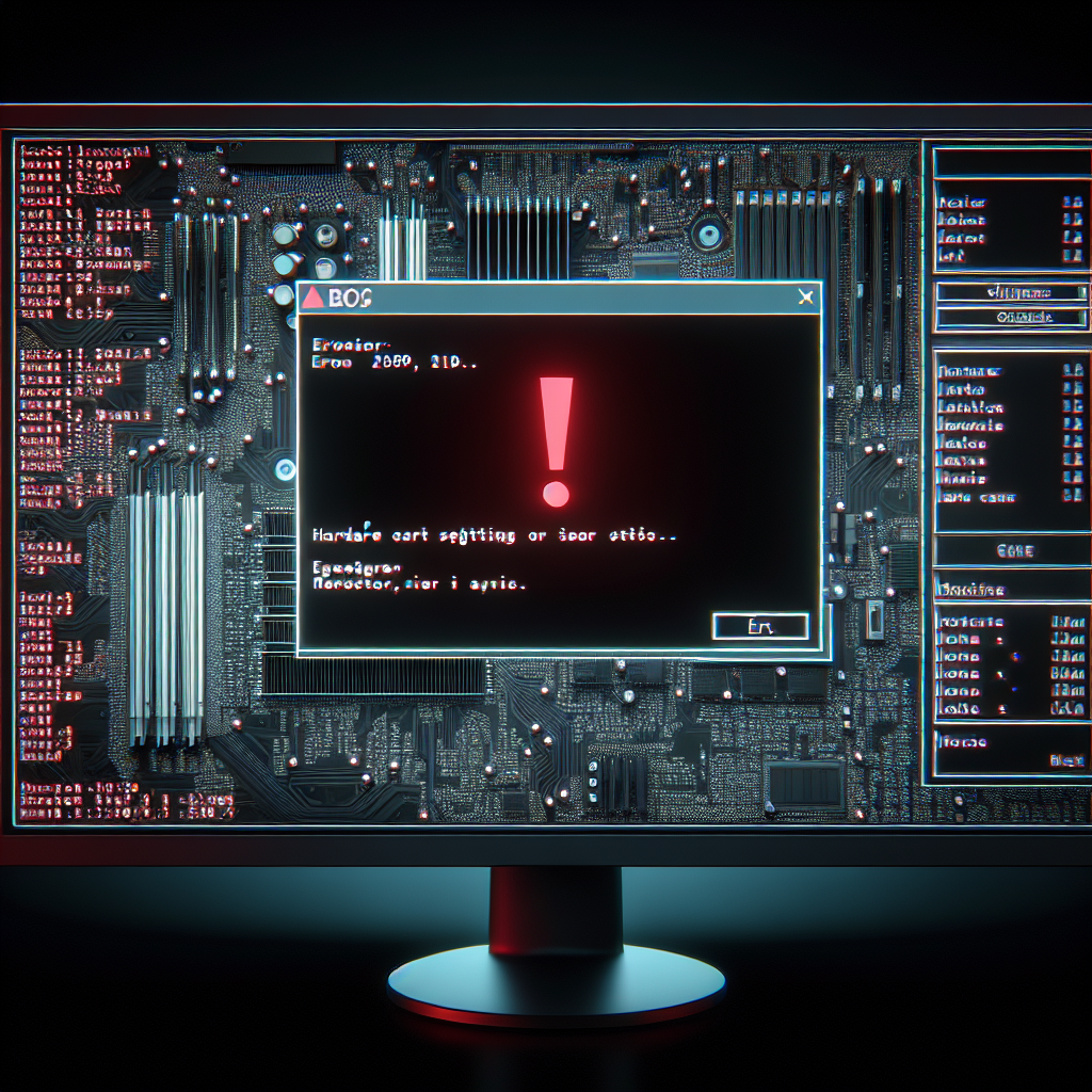 An error message on a computer screen with the bios settings interface in the background